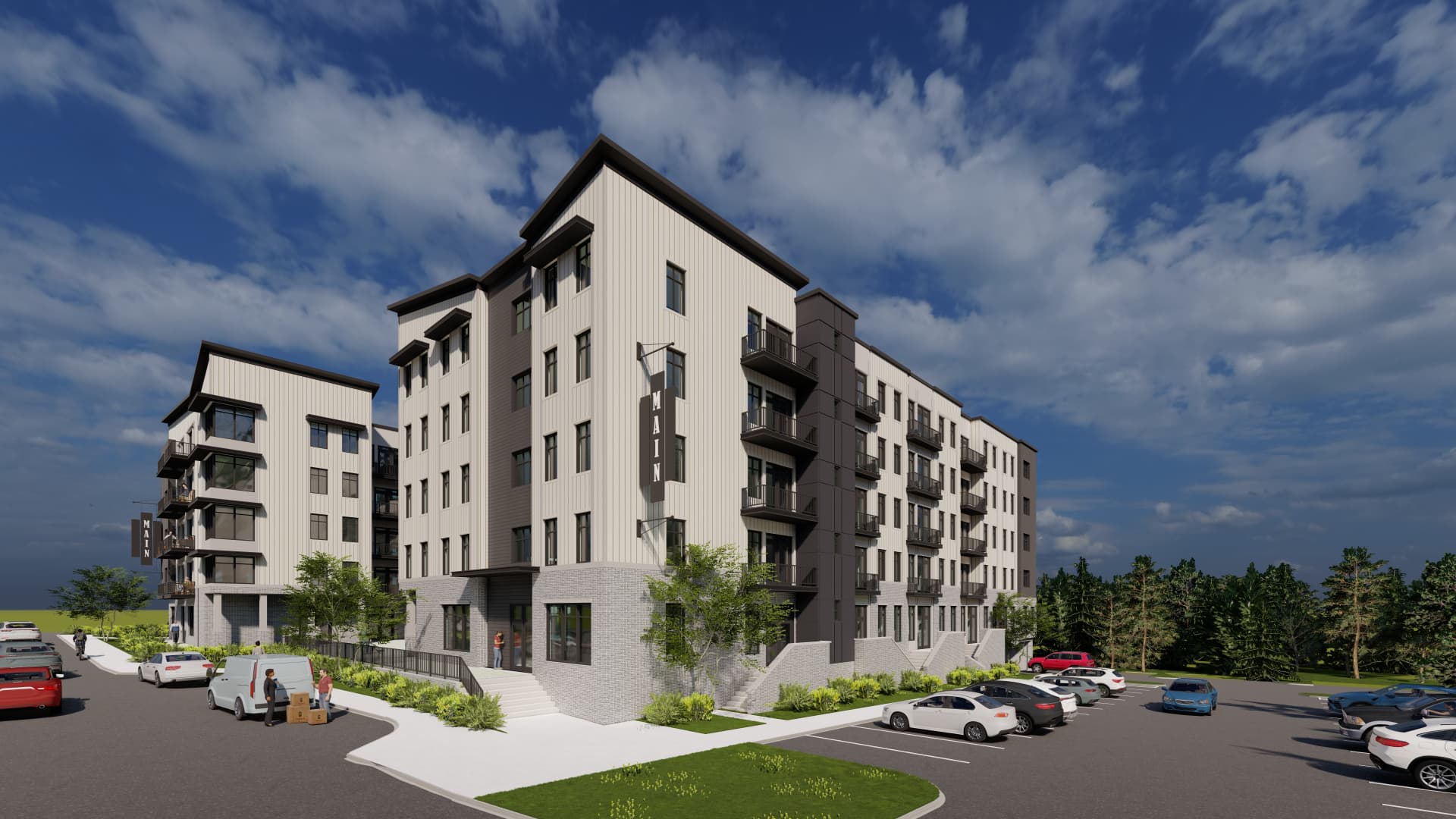 Exterior view of One Eleven Main residences in downtown Hickory