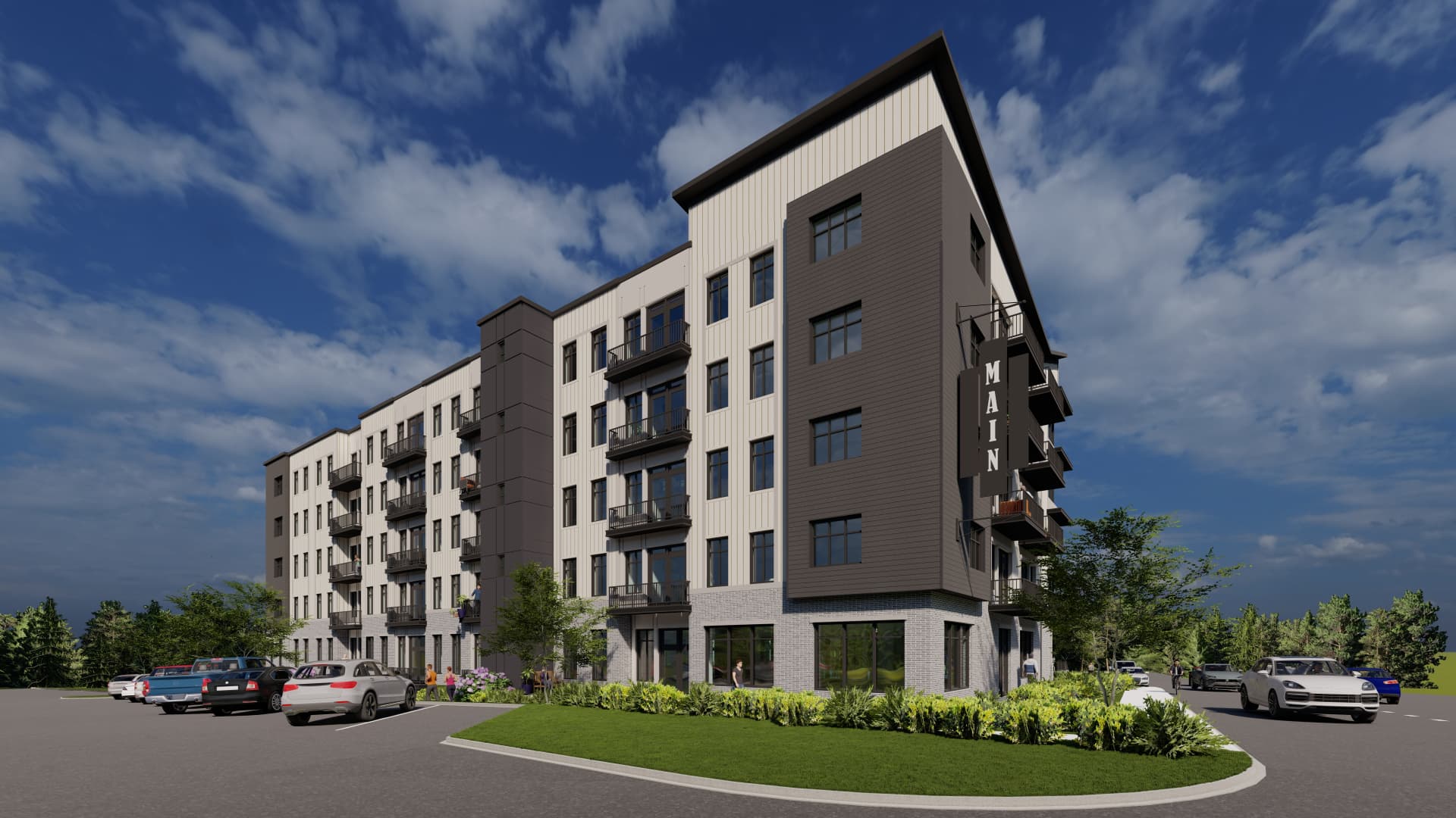 Street-level view of One Eleven Main entrance in downtown Hickory