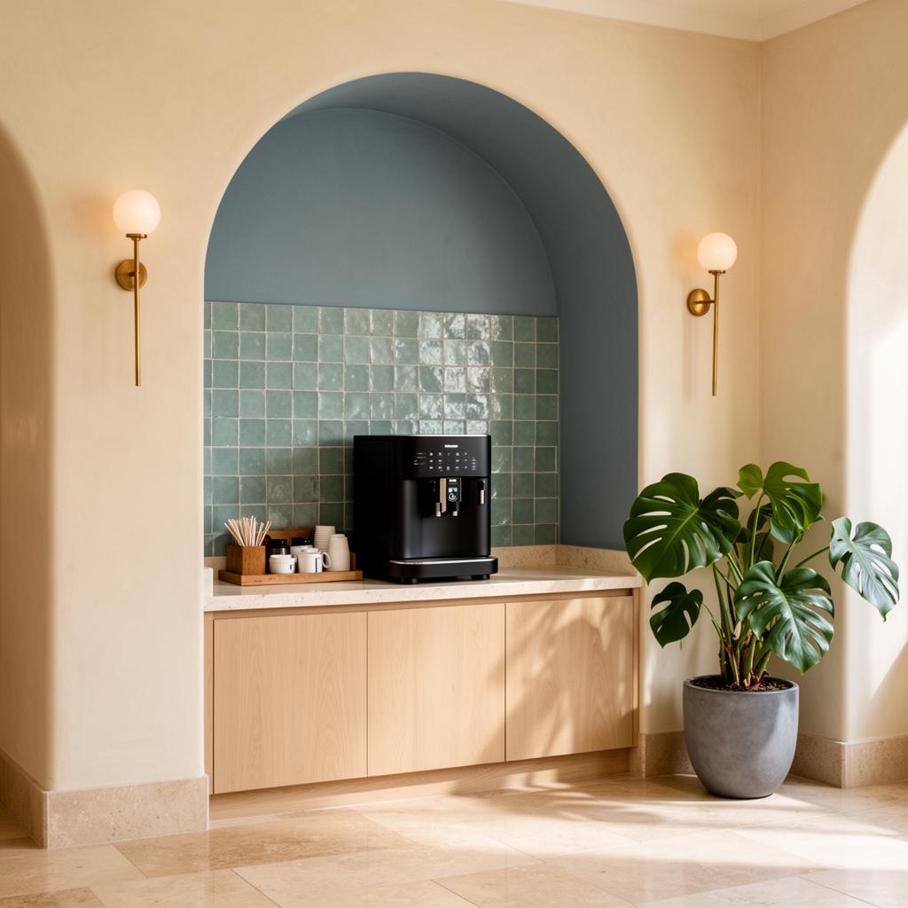 Lobby coffee bar with arched tile alcove and espresso machine at One Eleven Main