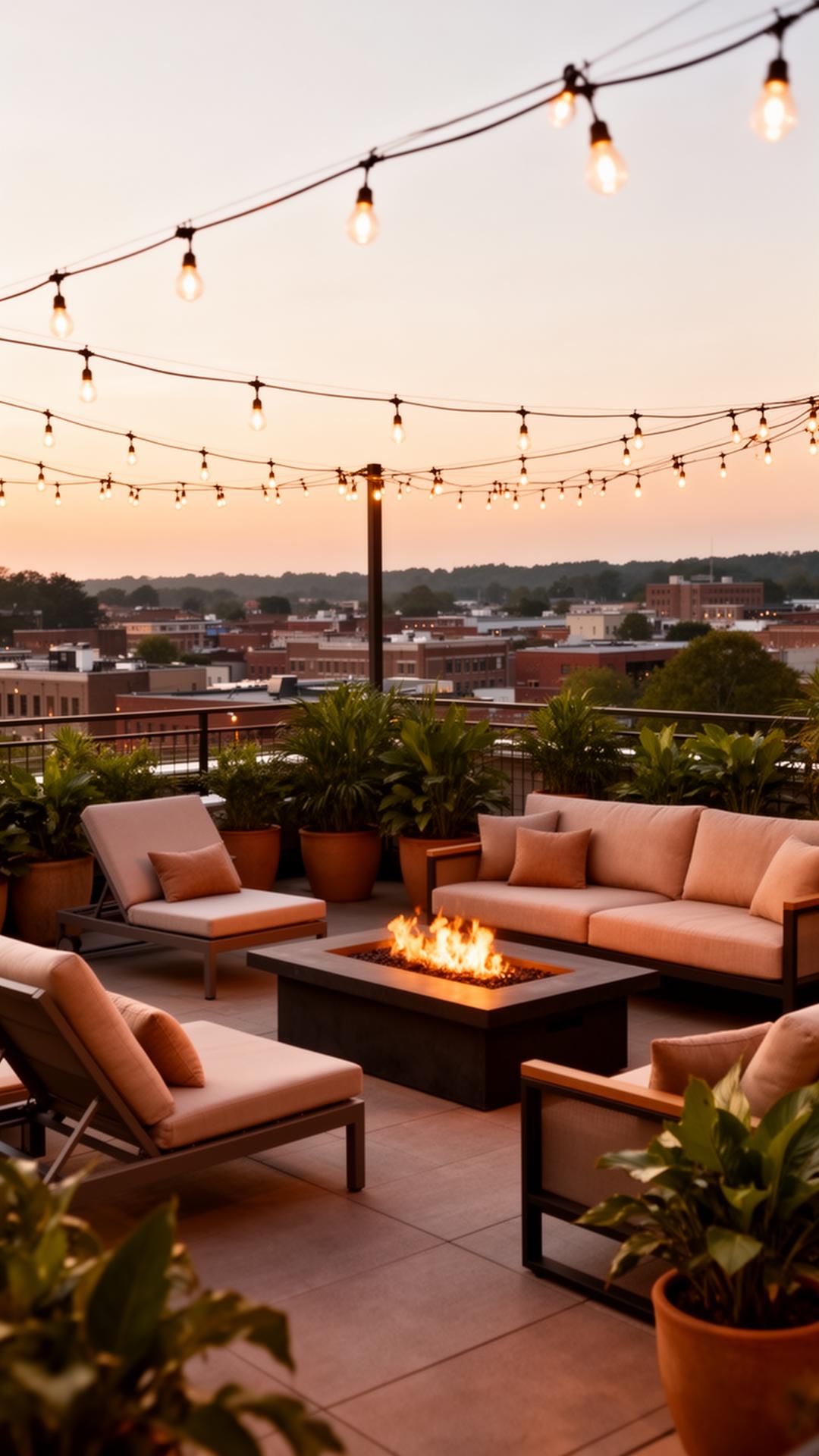 Rooftop lounge at twilight with string lights and fire pit overlooking downtown Hickory