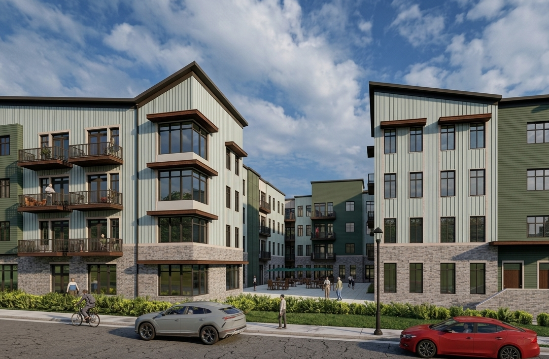 Exterior view of One Eleven Main residences in downtown Hickory